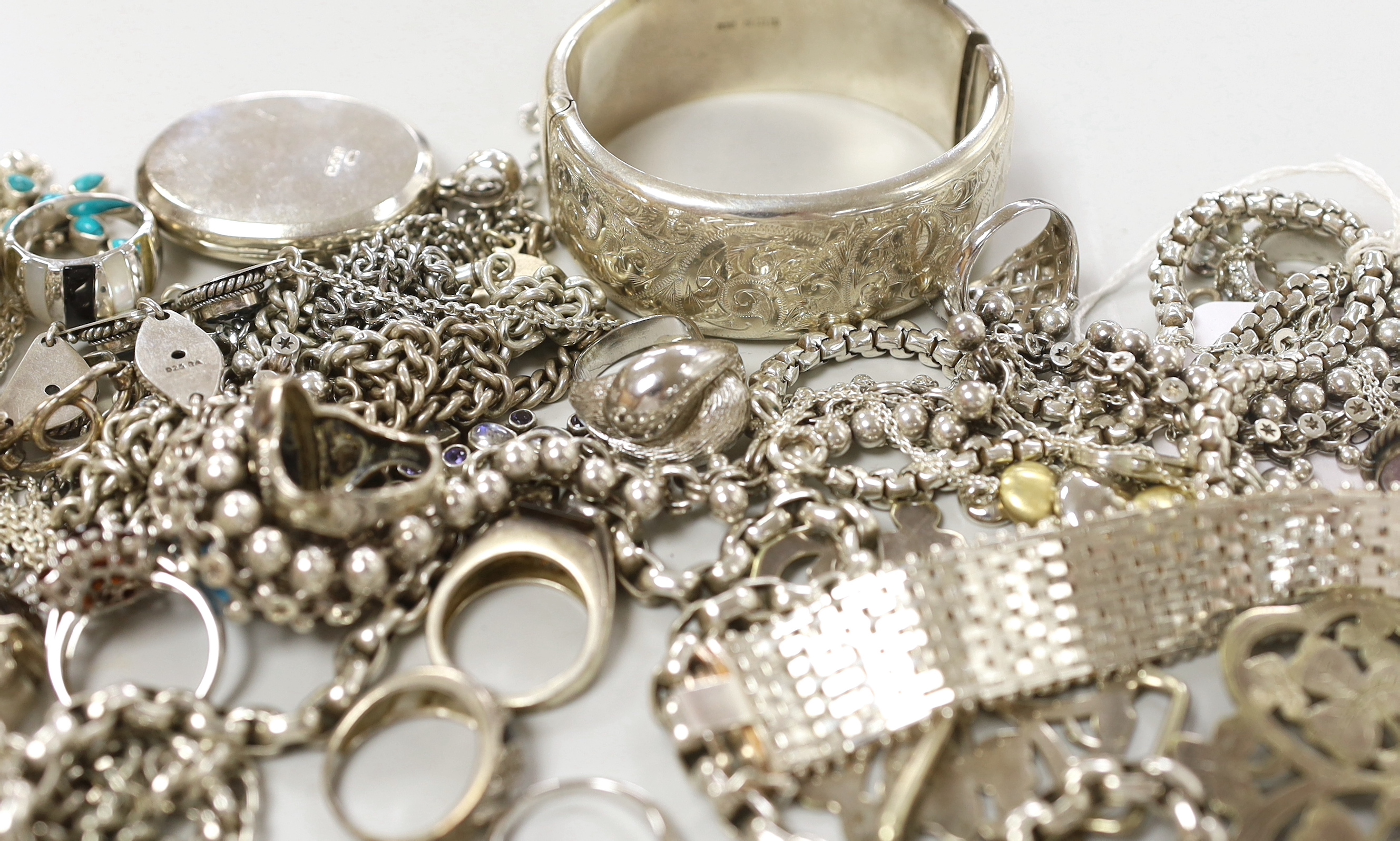 A mixed group of assorted silver and other jewellery, including albert, chains, bracelets, silver mounted ring box, etc.